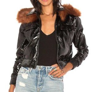 Capulet Revolve Flight Patent Leather Jacket in Black & Rust Vegan Fur